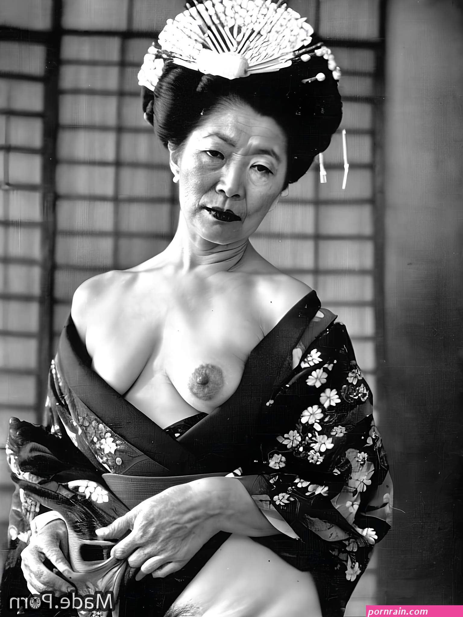 Porn image of 80 partially nude japanese geisha Vintage saggy tits skinny pubic hair created by AI
