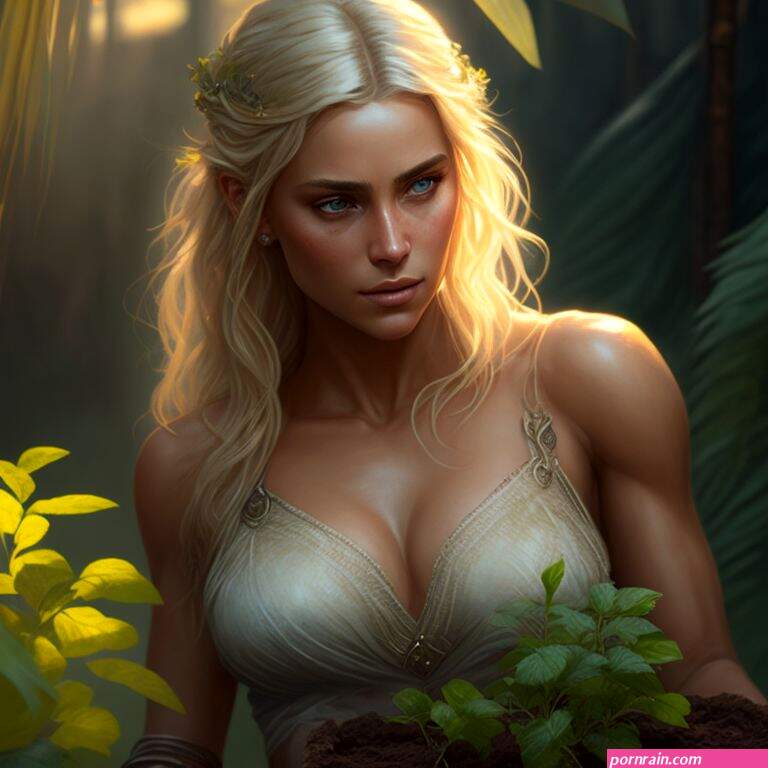 bowed-viper419: A beautiful blonde Goddess gardening as she is poor with green eyes with the right face Sashticias