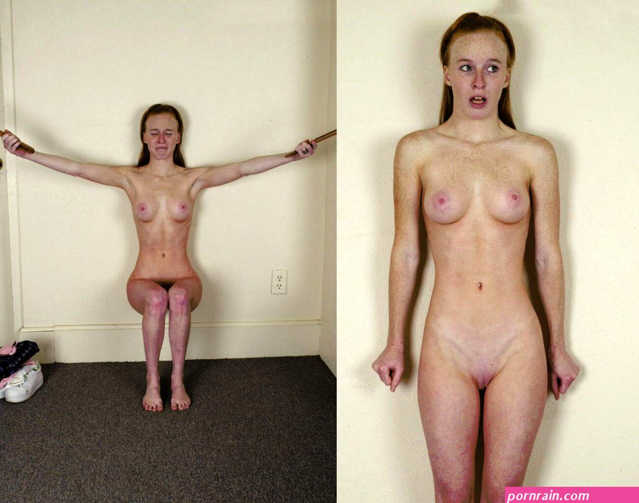 Nude wall sits are an excellent punishment, particularly when required to hold weights in their outstretched hands. | Scrolller