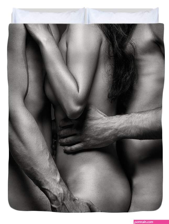 Two nude men with naked woman Black and white Duvet Cover by Maxim Images  Exquisite Prints