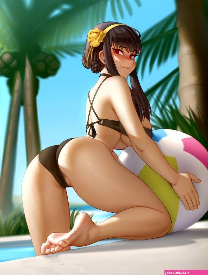 questionable artist:kairunoburogu yor briar 1girl ass ball barefoot beachball black hair black swimsuit breasts hair ornament hentai pool red eyes smile spy x family swimsuit
