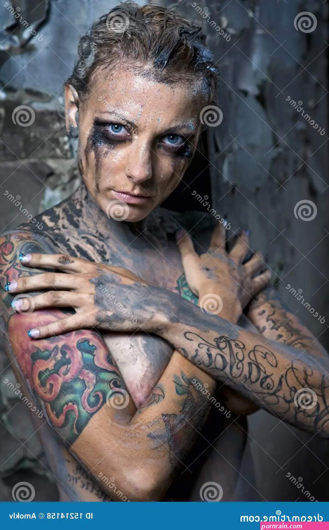 Naked tattooed woman stock photo. Image of eyes female