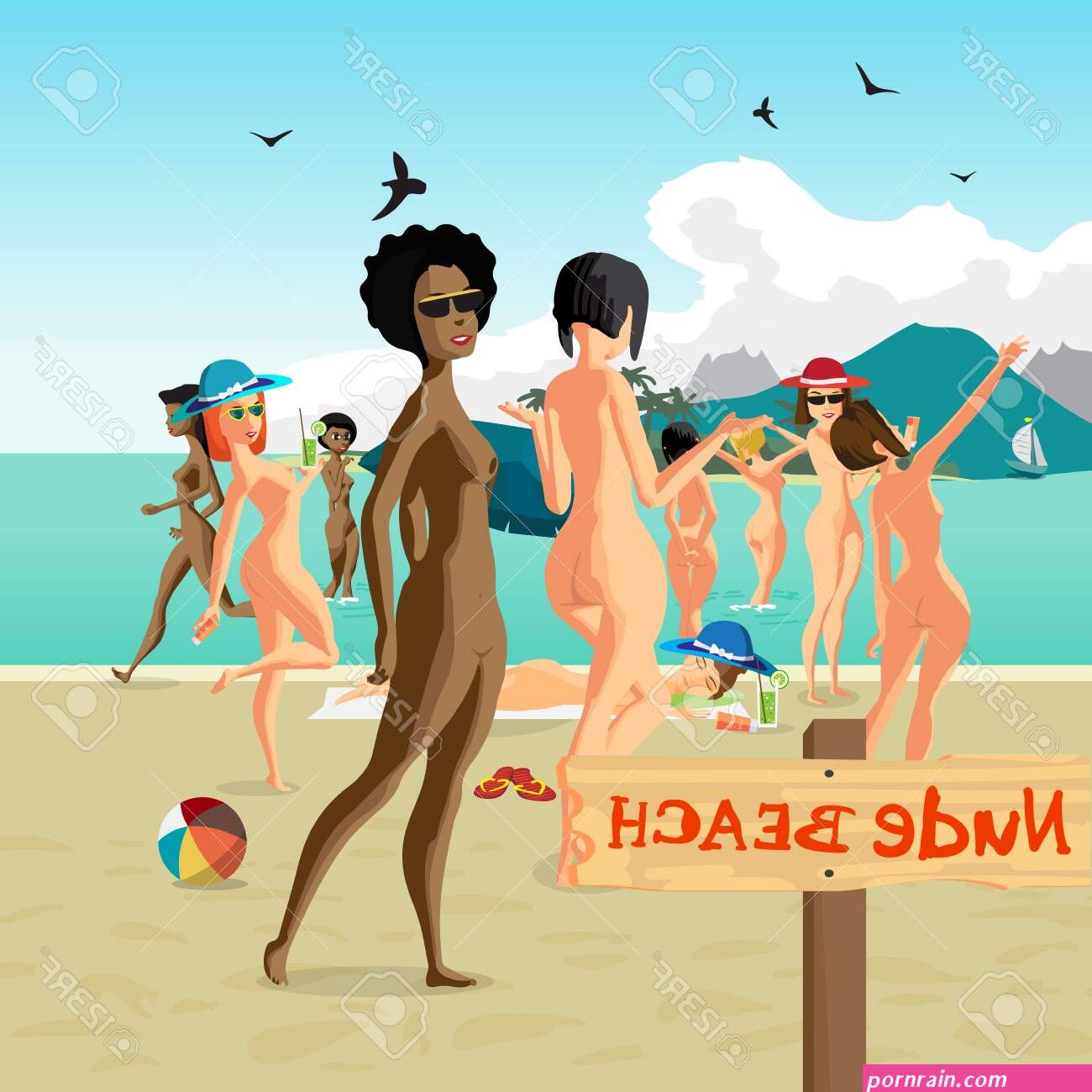 Nude Women At The Seaside. Group Of Women Bathing And Swimming On The Nudist Beach. Flat Cartoon Illustration People Sunbathing On The Private Beach SVG