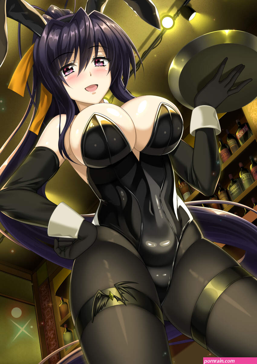 shibata rai himejima akeno high school dxd highres 1girl :d alcohol animal ears antenna hair bar place black gloves black hair black leotard black pantyhose blush bottle breasts ceiling light chinese zodiac