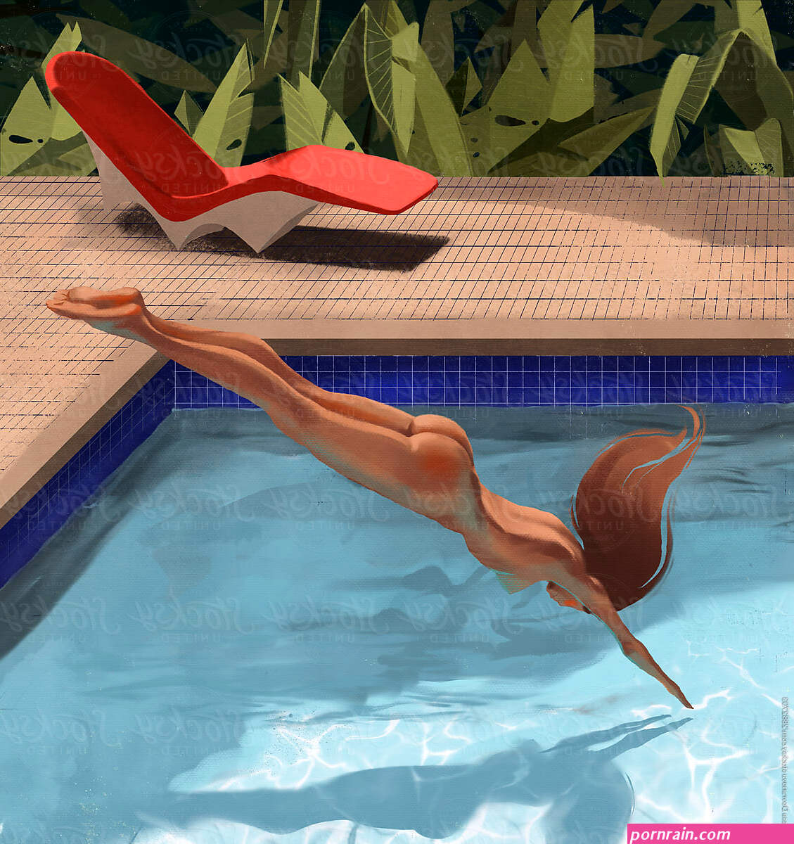 Skinny Dipping. Girl Jumps Into The Pool Naked. by Stocksy Contributor Inessa Dovranova