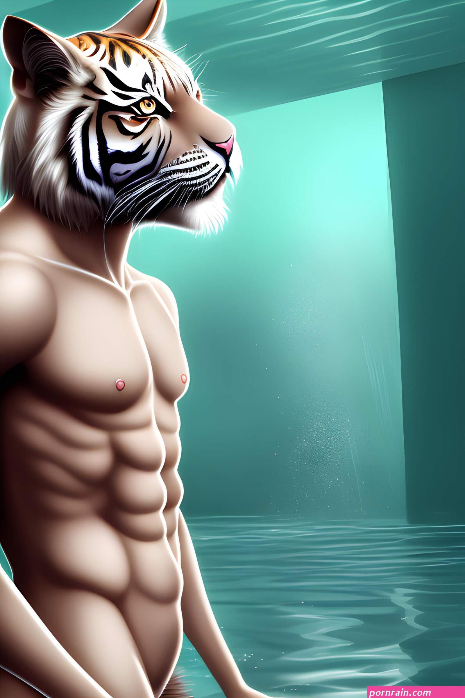 anime tiger cat boy in tight swimming clothes nsfw public bathroom