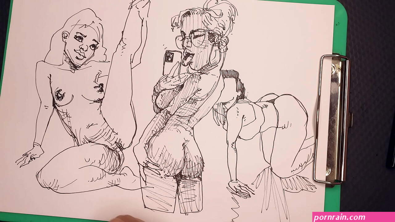 porn artist at work drawing sexy girls sketching fast
