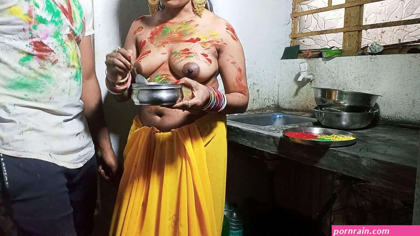 On Festival of HOLI Devar Fuck Cute Sexy Bhabhi on Kichen Stand After Applying Color on Her Boobs watch online