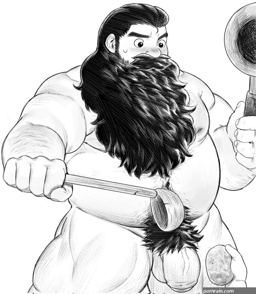 senshi dungeon meshi dungeon meshi commentary corrupted twitter file english commentary highres 1boy abs arm hair bara beard big belly blush comparison completely nude dwarf excessive pubic hair facial hair fat fat