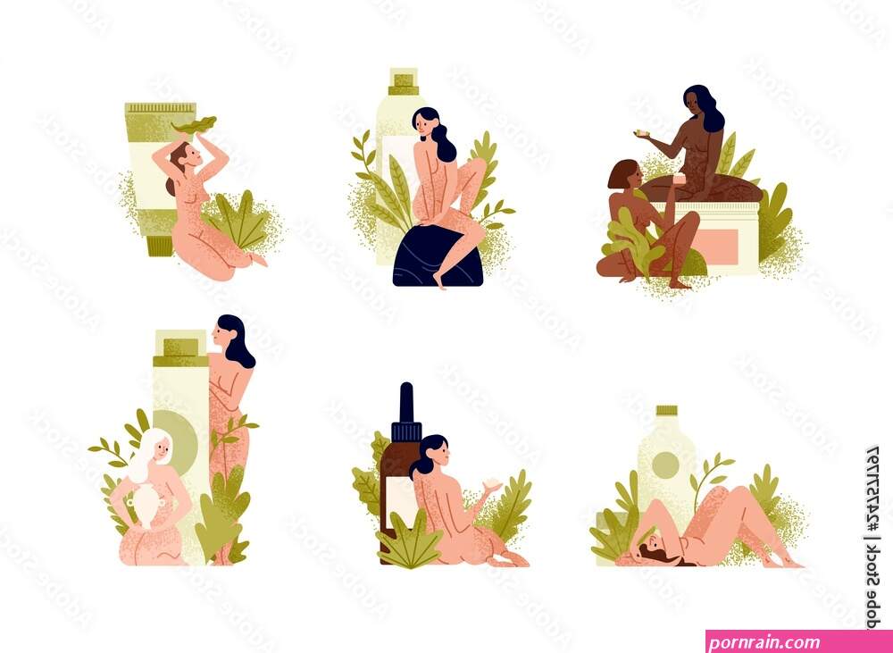 Vecteur Stock Set of promotional compositions with beautiful young naked women exotic leaves and natural organic cosmetics products in giant bottles jars tubes for skin care. Flat cartoon vector illustration.