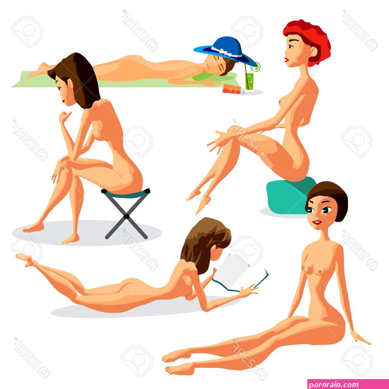 Set Woman Nudist Is Sitting. Isolated Flat Cartoon Illustration. The Comic Girls On The Beach Naked Royalty Free SVG Cliparts Vectors and Stock Illustration. Image 59705186.
