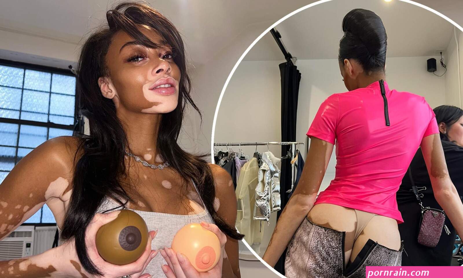 Winnie Harlow shows off her cheeky side as she poses with plastic breasts