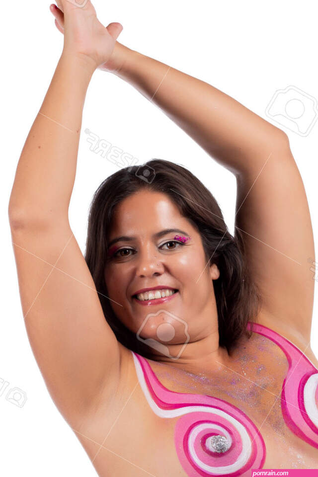 Girl With Pink And White Swirl Body Painting On Breasts On A White Background. -. Image 161794330