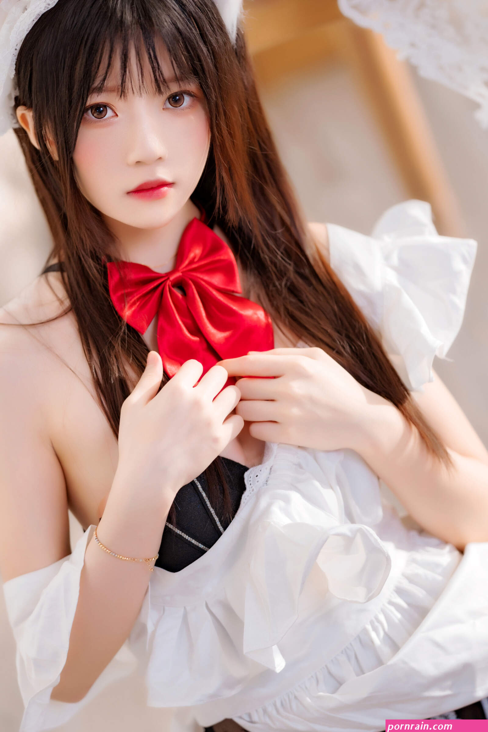 Asian women maid outfit lingerie cat ears stockings garter belt garter st