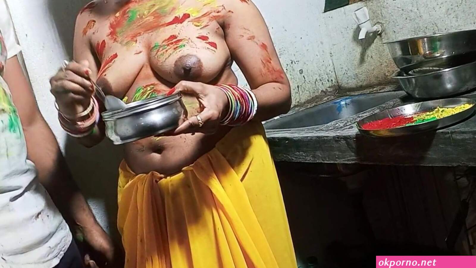 On Festival of HOLI Devar Fuck Cute Sexy Bhabhi on Kichen Stand After Applying Color on Her Boobs watch online