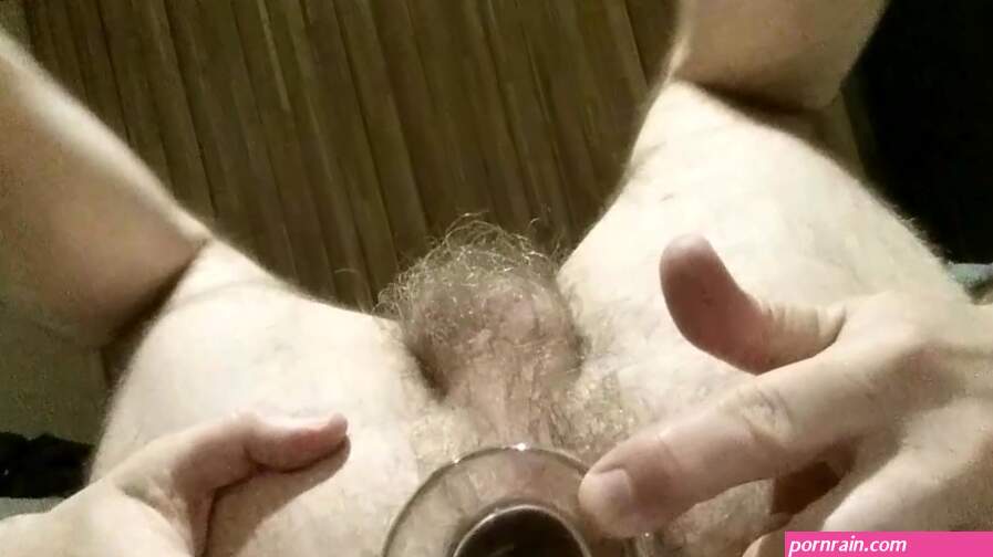 Anal gaping straight hairy ass and balls after large glass dildo ass fuck