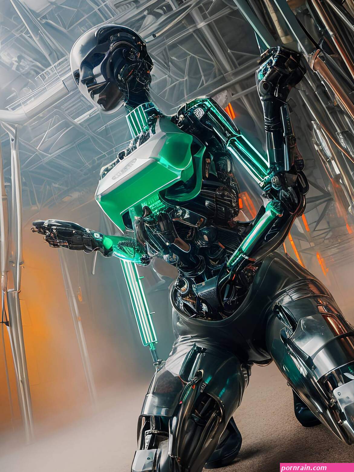 Porn image of metal green cumshot robot blowjob kneeling facial created by AI