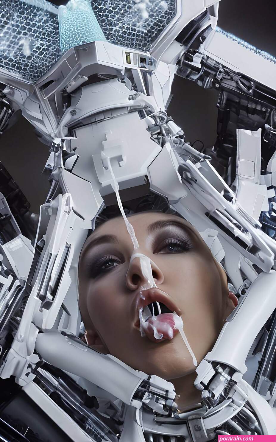Porn image of blowjob cum in mouth black pov shiny skin glass sci-fi created by AI