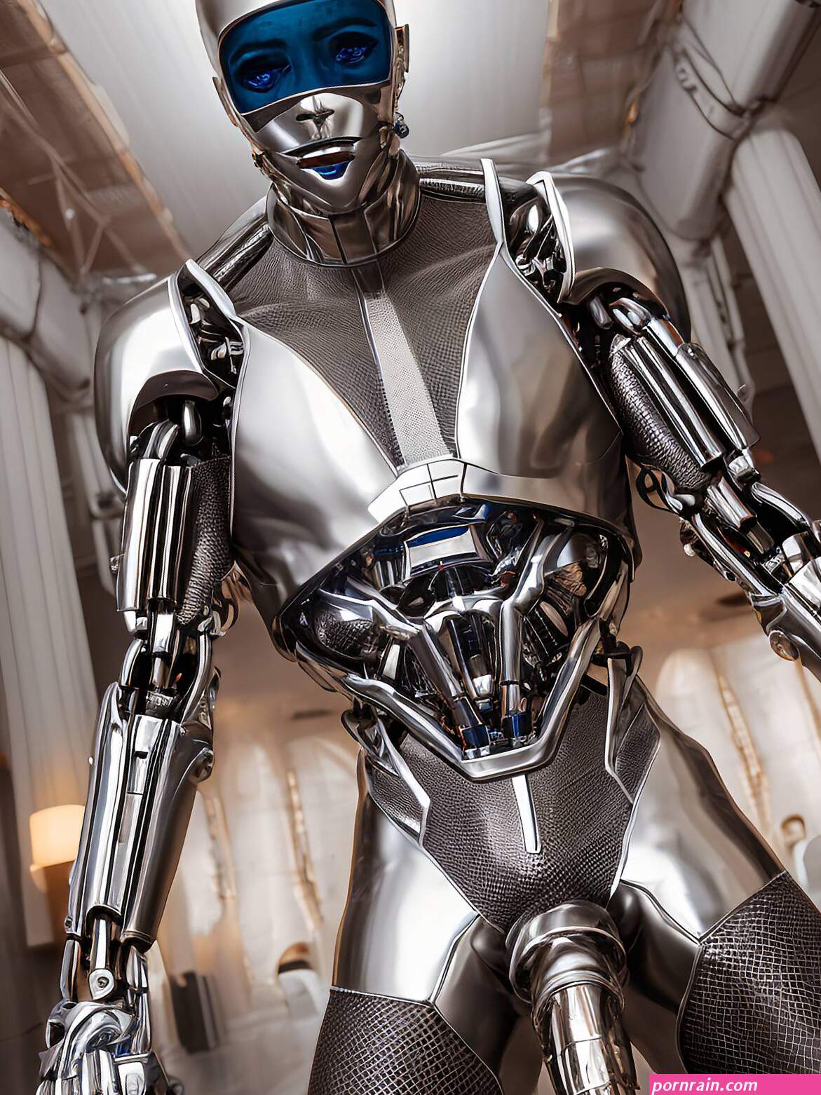 Porn image of full shot indoors blowjob chrome 20 titanium big cock created by AI