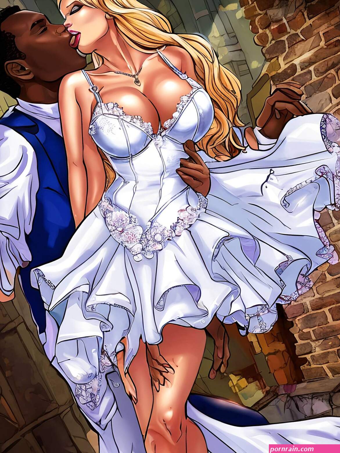 Porn image of perfect boobs wife caucasian interracial saggy tits comic air kiss created by AI